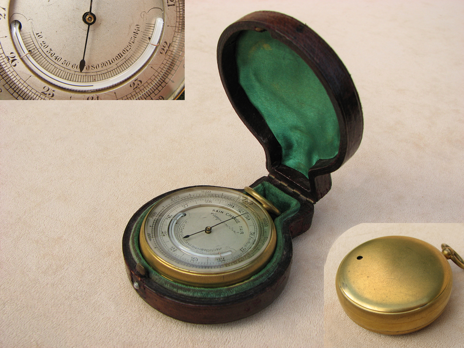 19th century pocket barometer & altimeter with curved thermometer.
